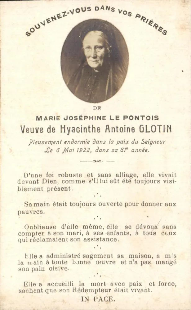 Marie Joséphine Le Pontois — Glotin — Décédée le 6 mai 1922 — Bouasse Label Paris 6633 - Recto
