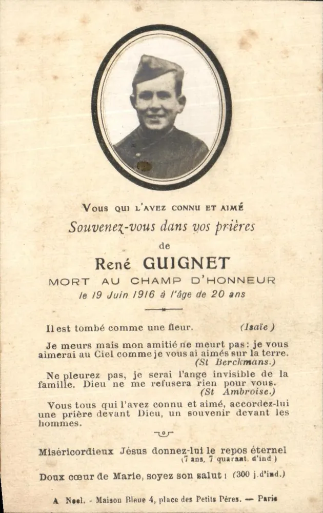 René Guignet — Muerto en el campo de honor el 19 de junio de 1916 a la edad de 20 años — Schaffer Ed. París N° 615 - Anverso