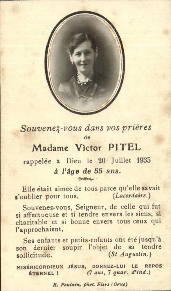 Madame Victor PiteL — falecida em 20 de julho de 1935 aos 55 anos — R. Poulain, fot. Fliers (Orne) - Frente