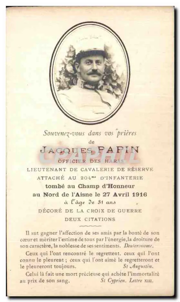 Jacques Papin — Lieutenant der Reservekavallerie, gefallen nördlich der Aisne am 27. April 1916 — Gérard et Marin, Paris - Vorderseite