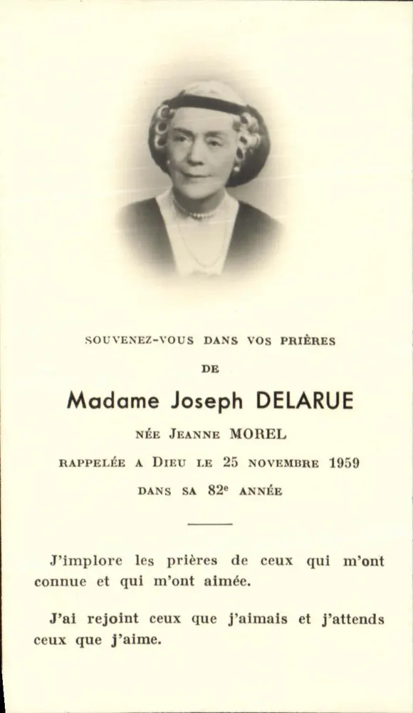 Madame Joseph Delarue — nacida Jeanne Morel — fallecida en 1959 — B. L. Paris - Anverso