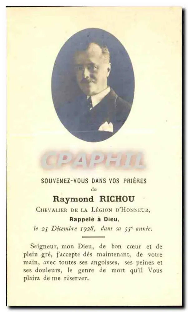 Raymond Richou — Caballero de la Legión de Honor — fallecido en 1928 — L. Lesort, París - Anverso