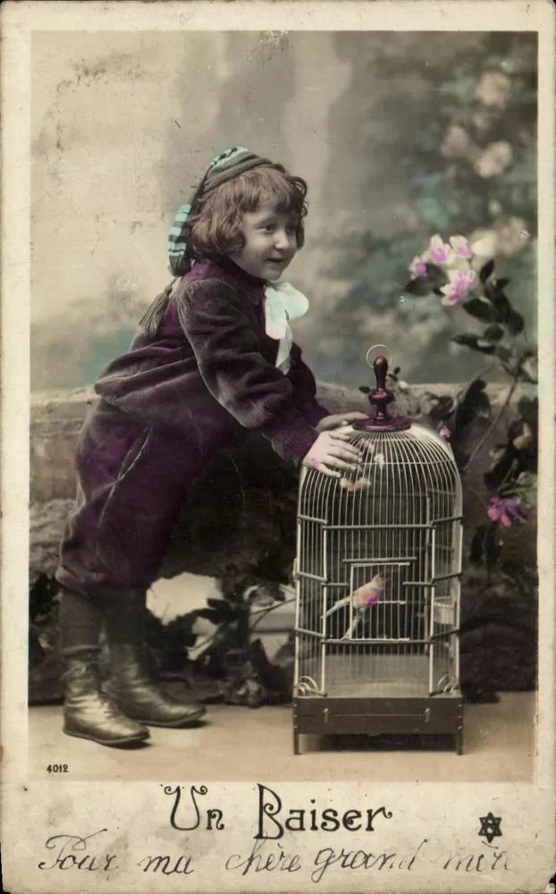 Ein Kuss — Ein Kind neben einem Vogelkäfig — Verleger unbekannt, n° 4012 - Vorderseite