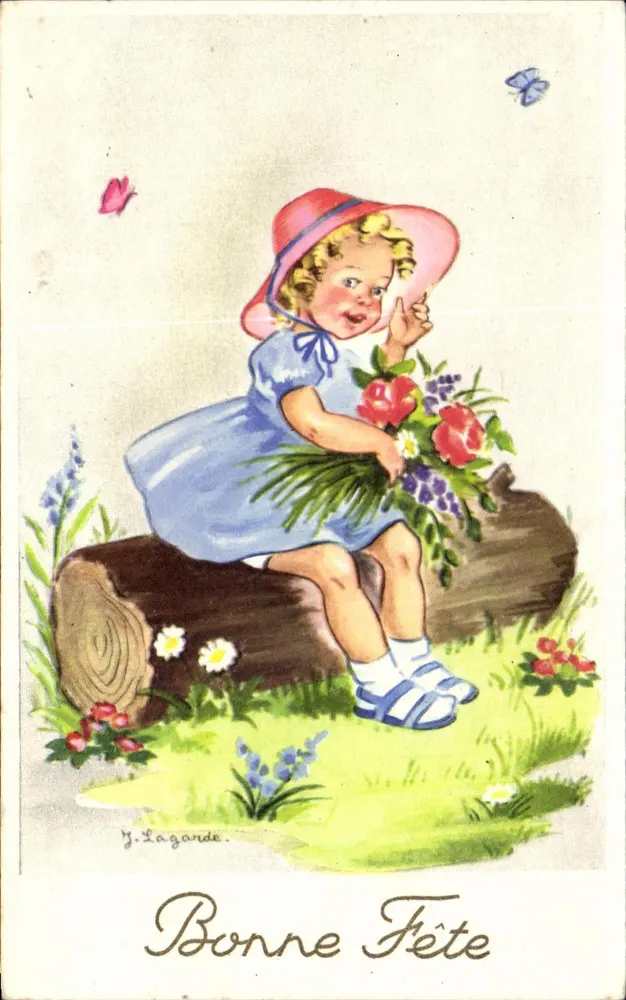 Mädchen in blauer Kleidung und rosa Hut — Frohe Geburtstagsgrüße — Y. Lagarde - Vorderseite