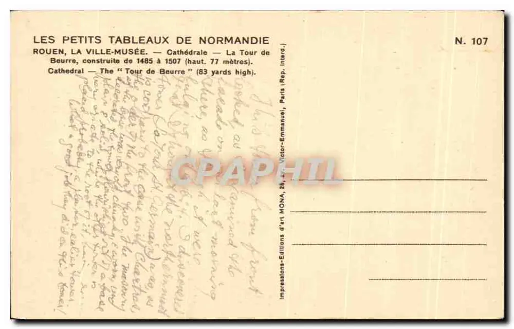 Die Buttertürme — Rouen — Kathedrale — Verlag MONA, Nr. 107 - Rückseite
