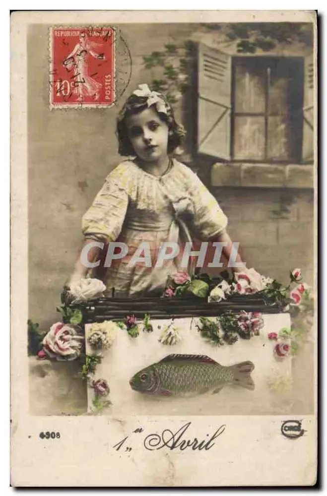 Mädchen mit Fisch und Blumen — 1. April — Verlag C. R. Paris - Vorderseite