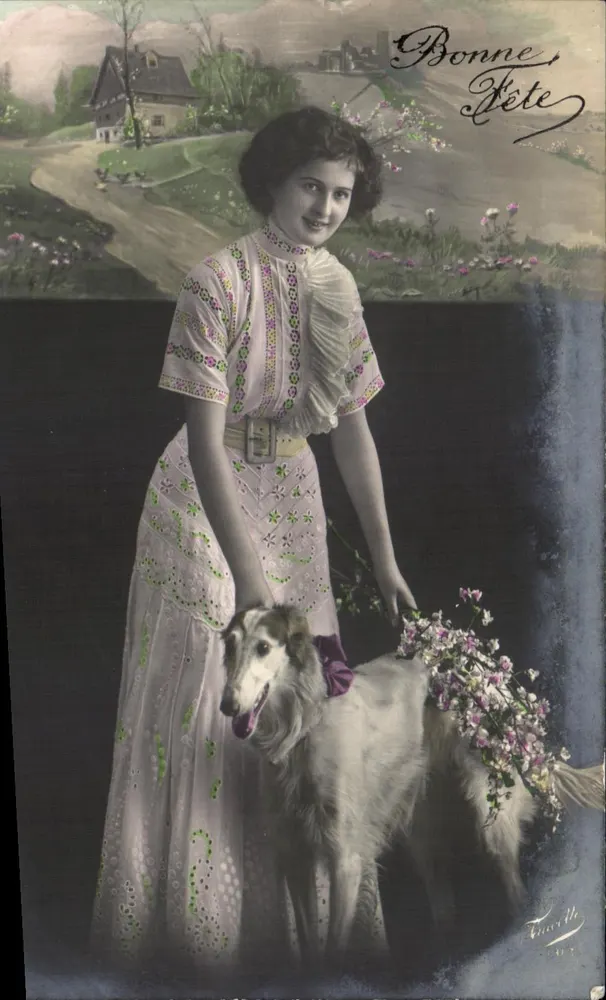 Junge Frau mit Hund — Frohe Geburtstagsgrüße — Faurille, Nr. 107 - Vorderseite