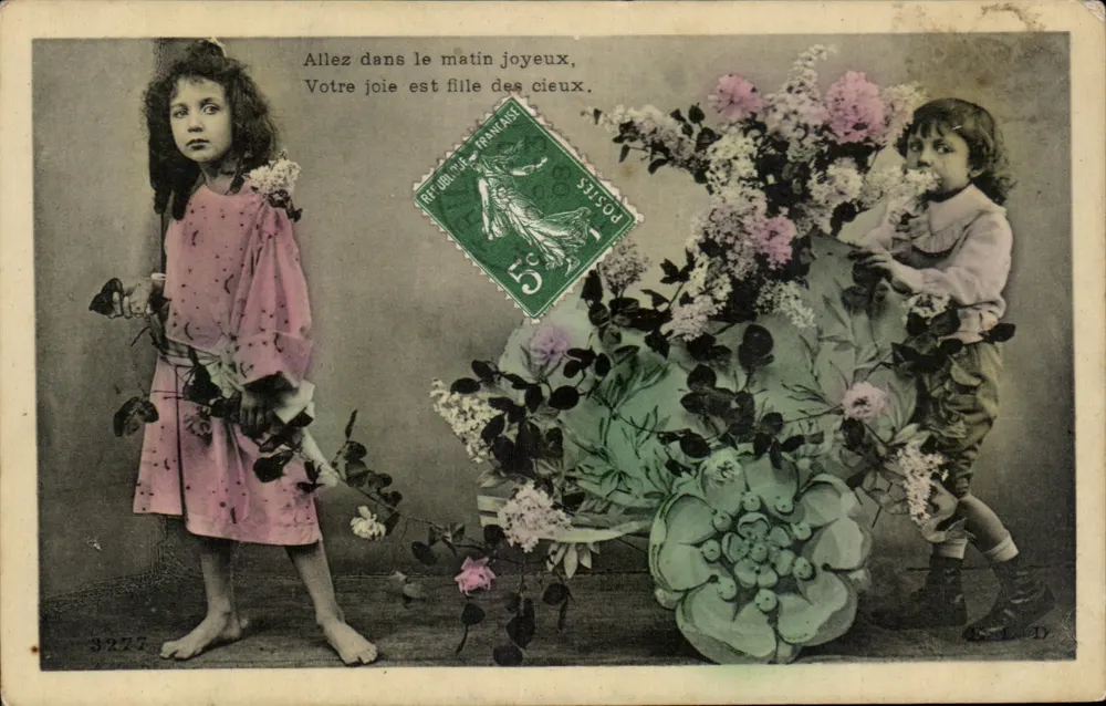 Zwei Kinder mit Lilienstrauß — gedruckter Text — Verlag L.D. n°3277 - Vorderseite