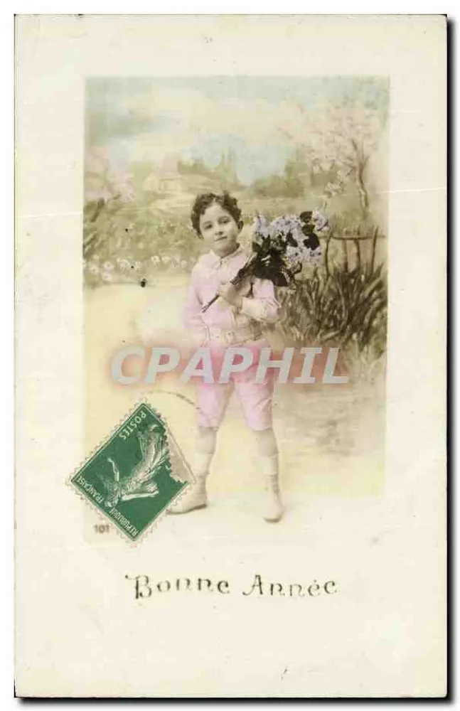 Kind in rosa Kleid — mit Blumenstrauß — Verleger Bouchey & Jupin, Nr. 101 - Vorderseite