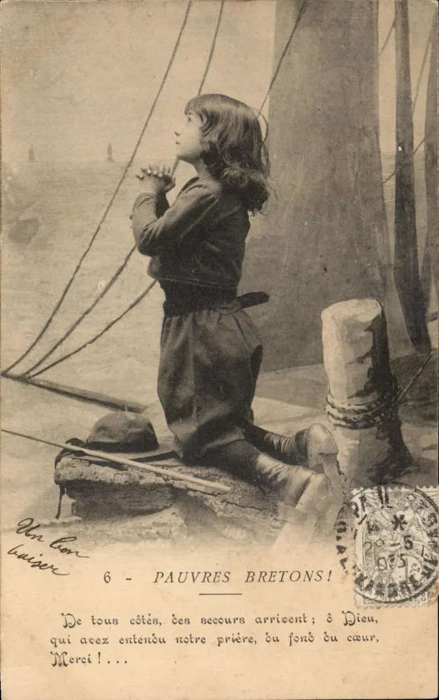 Arme Bretonen! — Thema: Kind, das auf einem Schiff betet — Verleger: Don Bon Laiser, Nr. 6 - Vorderseite