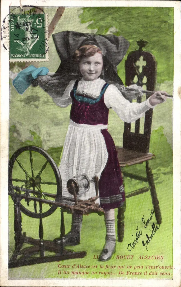 Alsatische Mädchen im traditionellen Kleid — Alsatischer Spinnrad — Verlag Siméon Gabriel - Vorderseite