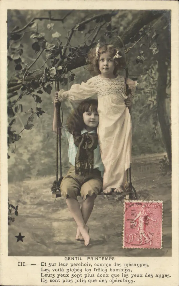 Zwei Kinder auf einer Schaukel — GENTIL PRINTEMPS — Serie N. 733, veröffentlicht von R.P. GOLLOUIN, FRANKREICH - Vorderseite