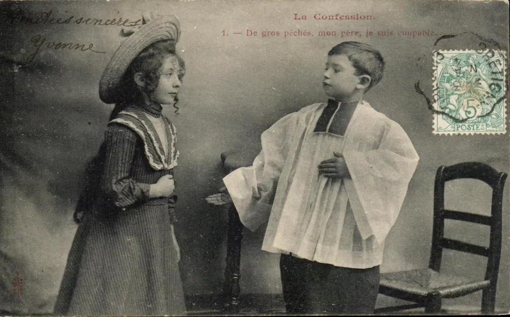 Die Beichte — Szene einer Beichte eines Kindes an eine Nonne — Verlag Gyonne, Nr. 1 - Vorderseite