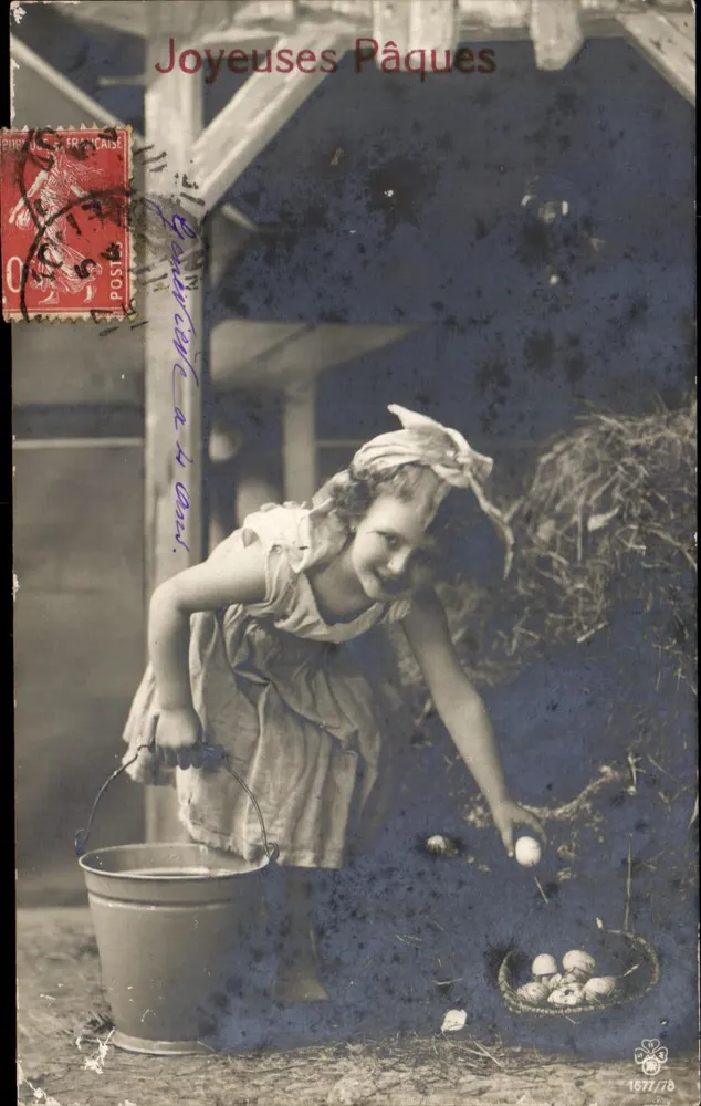 Fille ramassant des œufs — Joyeuses Pâques — Éditeur anonyme, n° 1671/78 - Vorderseite