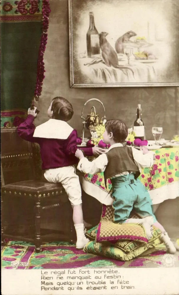 Zwei Kinder, die nahe einer gedeckten Tafel spielen — anonymer Verleger, Nr. 3437 - Vorderseite