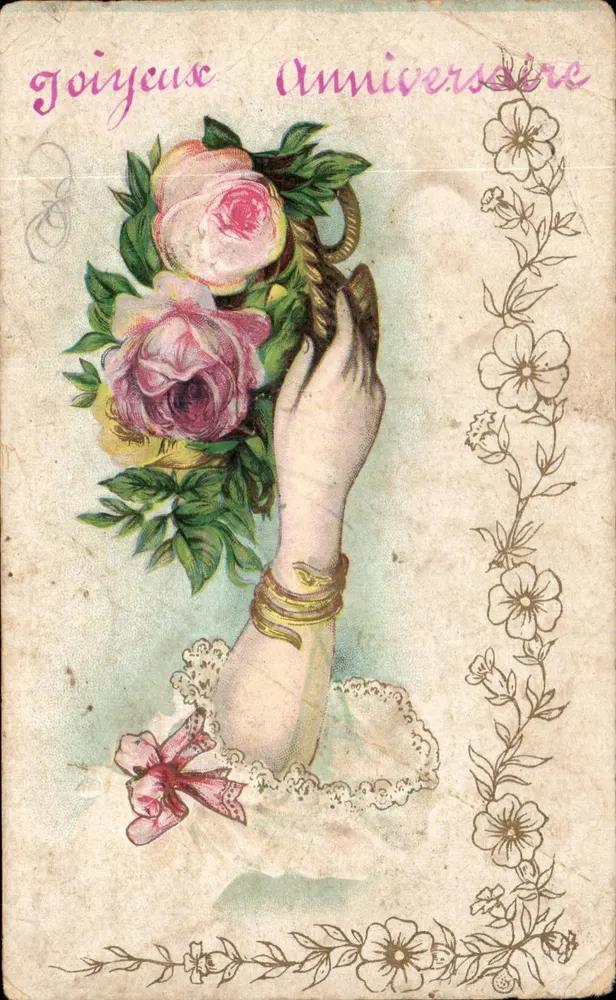 Mano que sostiene un ramo de rosas — Aniversario — editor desconocido - Anverso