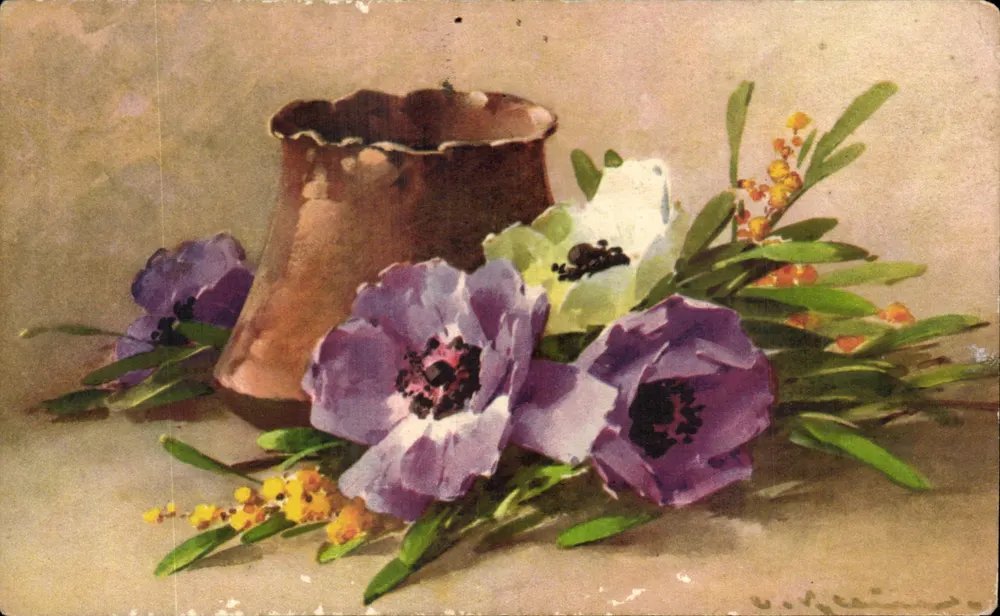 Flores e vaso de cobre — pintura aquarelada — editor STP, n° 1255 - Frente