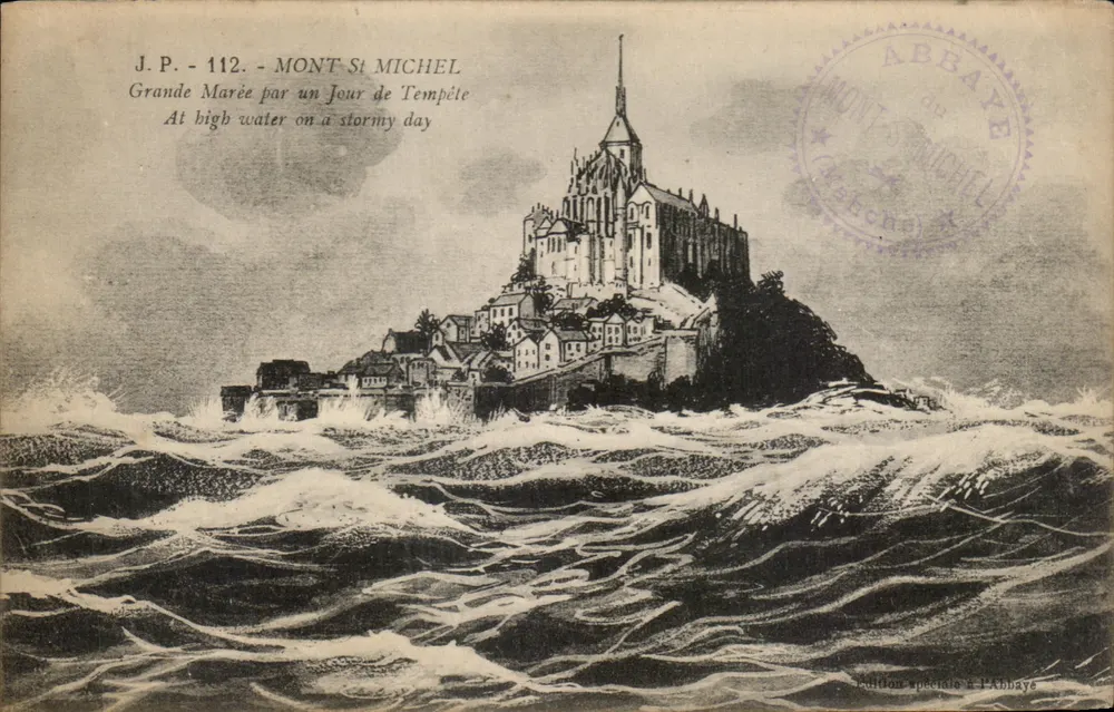 Mont Saint-Michel — Hochwasser an einem stürmischen Tag — J.P. - 112 - Sonderausgabe in der Abtei - Vorderseite