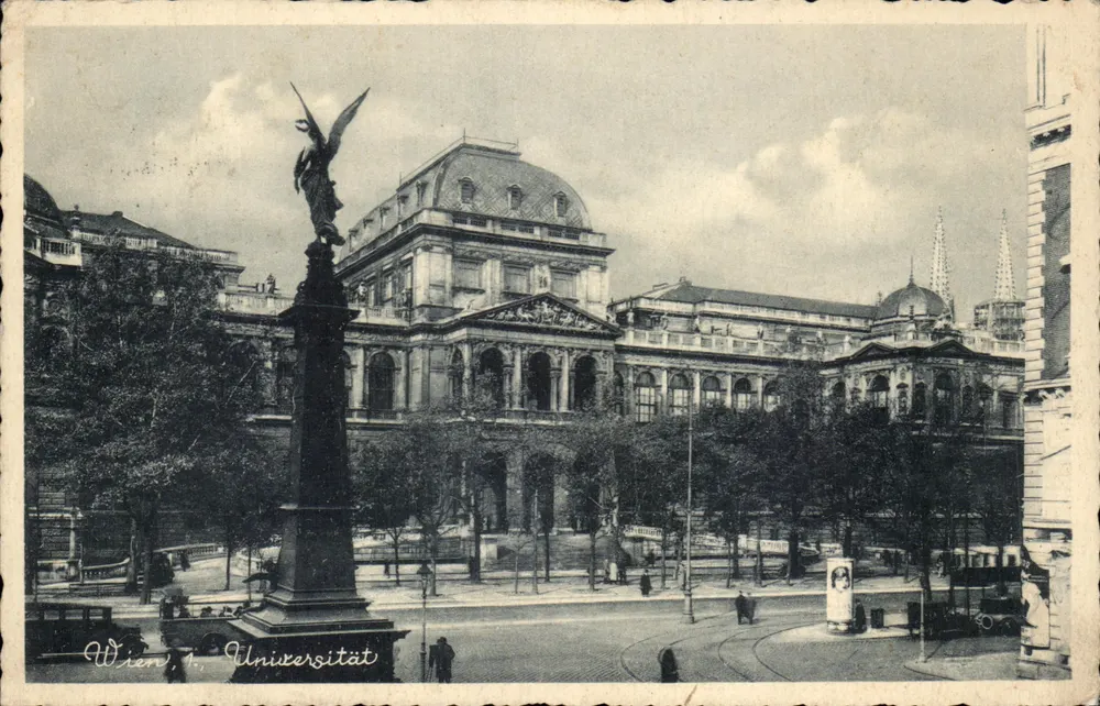 Wien, 1. Universität — vue du bâtiment de l'Université avec statue d'ange — éditeur inconnu - Frente