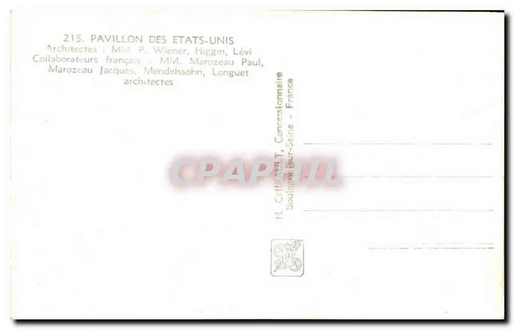 Pavillon der Vereinigten Staaten — Internationale Ausstellung Paris 1937 — H. Château, Concessionär, Bouloural-Bur-Saine - Rückseite