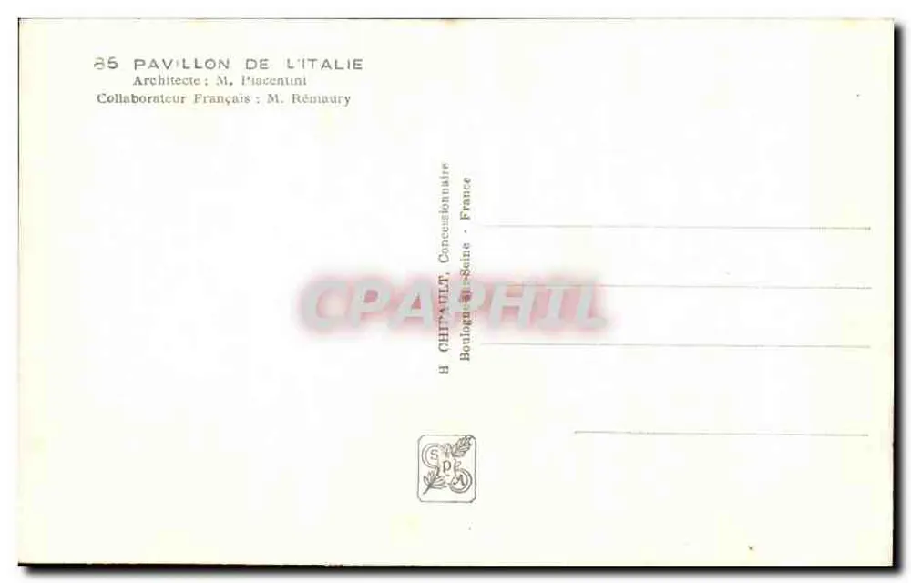 Pavillon Italiens — Internationale Ausstellung Paris 1937 — Verleger: H. CHITRAULT, Frankreich Concessionär - Rückseite