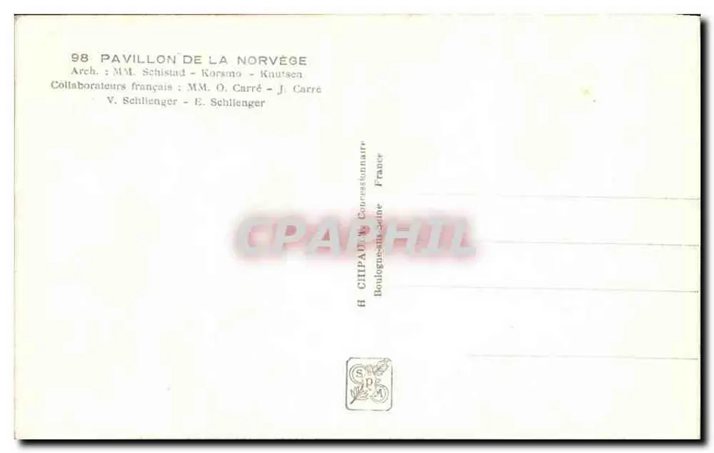 Pavillon Norwegen — Internationale Ausstellung Paris 1937 — Verlag H. Chipault, Boulogne-Billancourt - Rückseite