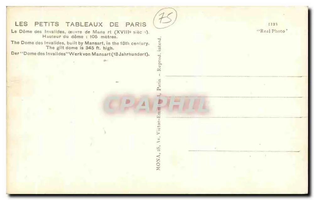 Dôme des Invalides — Paris — Verlag MONA, Nr. 1123 - Rückseite