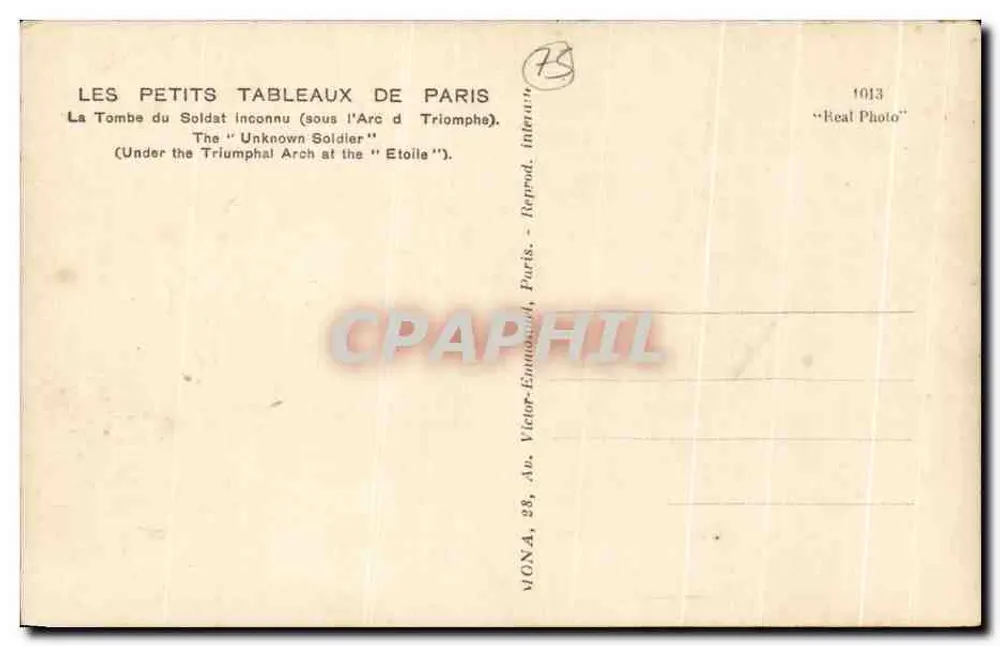 Arc de Triomphe — Grab des Unbekannten Soldaten — Verlag VONA, Nr. 1013 - Rückseite