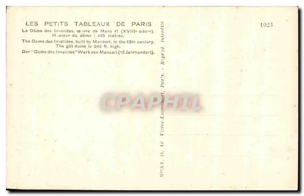 Dôme dos Invalidos — obra de Mansart (século XVIII) — Môna, n° 1023 - Verso