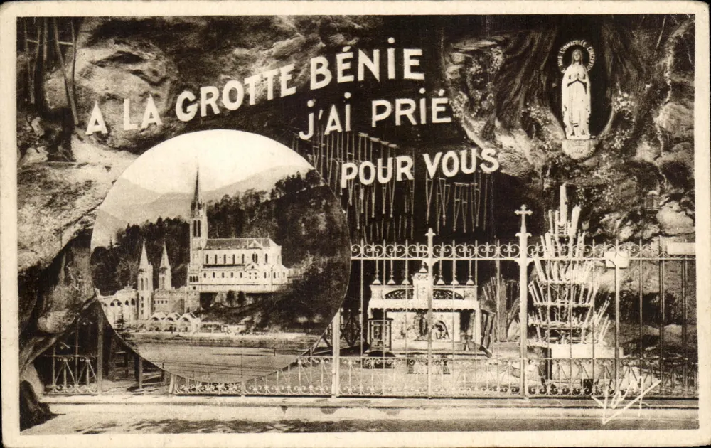Die Grotte Bénie — Pilgerstätte mit Statue der Jungfrau und Blick auf die Basilika — Fotoedition Quazzaït, Nr. 88 - Vorderseite