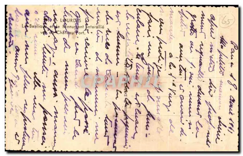 Lourdes — Basilika und Interallierter Denkmal — Verlag Lourdes, n°65 - Rückseite