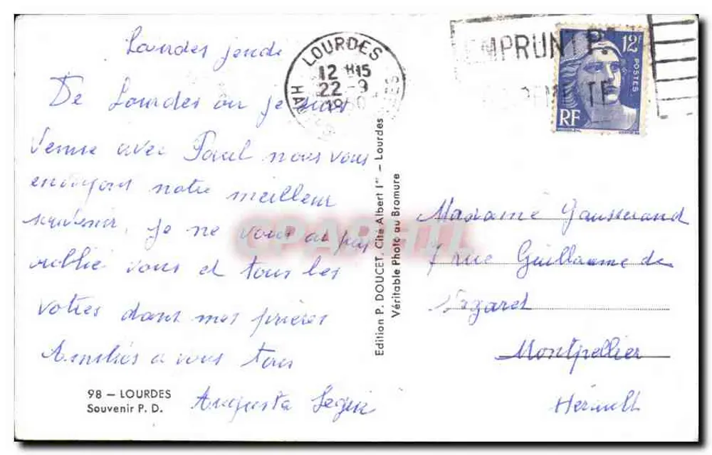 Grotte de Lourdes — Oração por você — Édition P. DOUCET - Verso