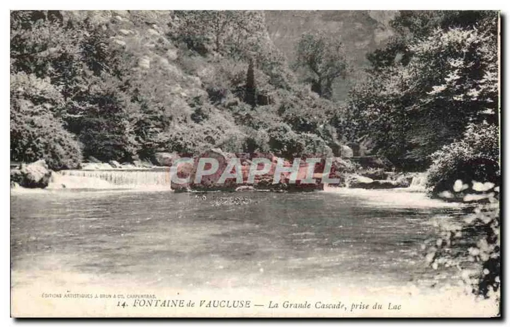 Fontaine de Vaucluse — Ansicht der Großen Wasserfall vom See — Künstleredition J. Brun & Cie, Carpentras, Nr. 14 - Vorderseite