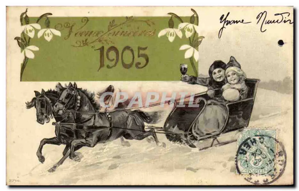 Schlittenfahrt mit zwei Kindern — Glückwünsche 1905 — Verlag nicht sichtbar - Vorderseite