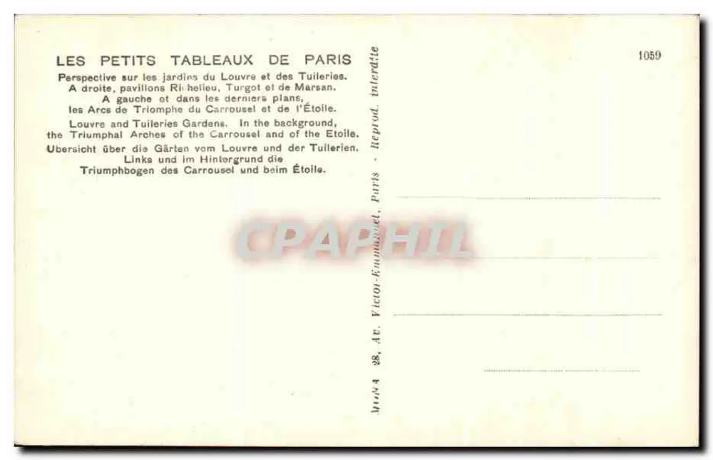 Ansicht der Louvre-Gärten und der Tuileries — Les Petits Tableaux de Paris — Verlag Mrena, Nr. 1059 - Rückseite