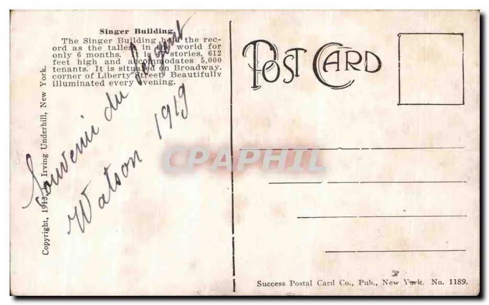 Edifício Singer, Nova Iorque — Success Postal Card Co., Número 1189 - Verso