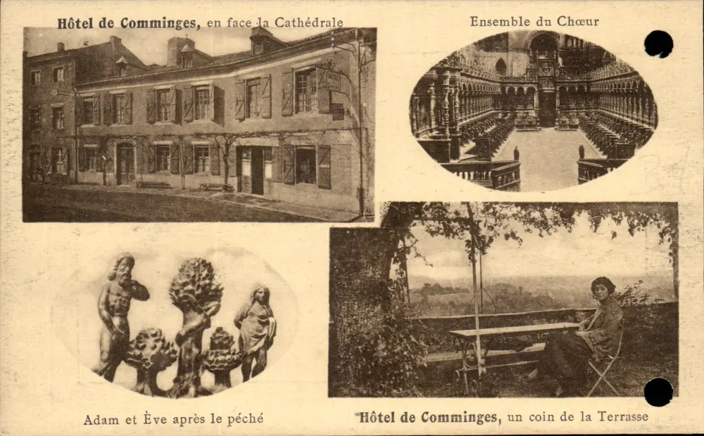 Hotel de Comminges — Hotel de Comminges, gegenüber der Kathedrale — Ensemble des Chors — Adam und Eva nach dem Sündenfall — Hotel de Comminges, ein Eckbereich der Terrasse - Vorderseite