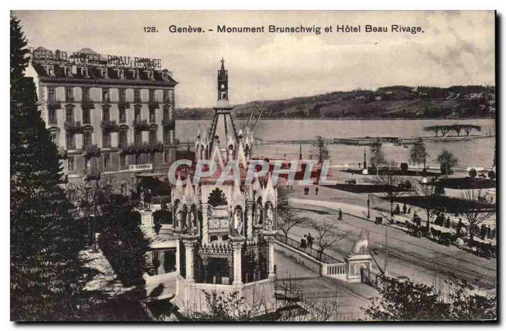Genf - Brunschwig-Denkmal und Hotel Beau Rivage — H. Brügger, Genf, Nr. 128 - Vorderseite