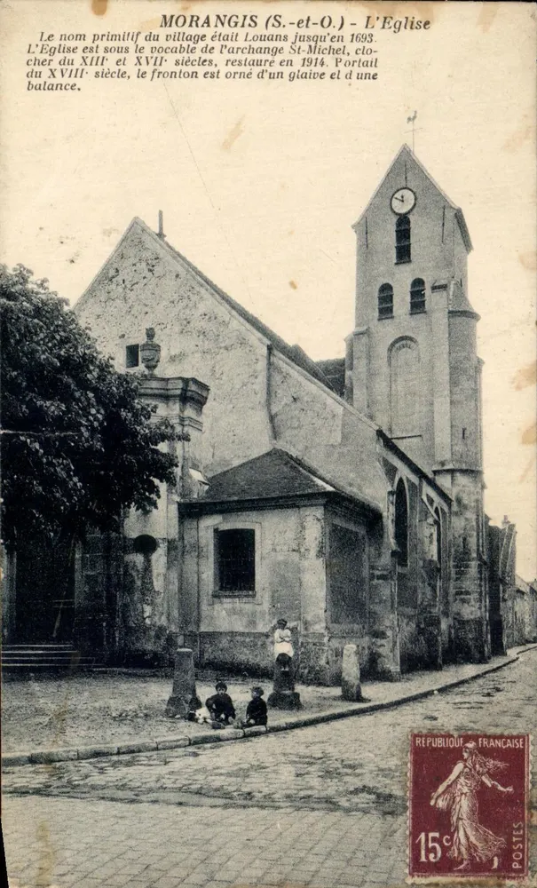 Morangis (S.-et-O.) — L'Église avec son clocher et son fronton orné d'une balance — Union Phototypique, Paris - Frente