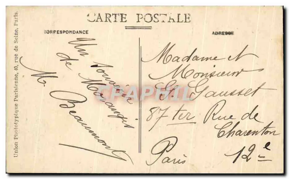 Morangis (S.-et-O.) — L'Église avec son clocher et son fronton orné d'une balance — Union Phototypique, Paris - Verso
