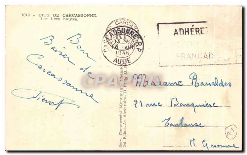 Carcassonne — As lices altas — Serv. Comercial, Grande Palácio, Av. Alexandre-III, Paris - Verso