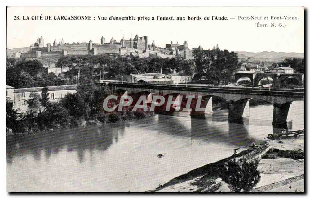 Carcassonne — Überblick vom Westen, entlang der Ufer der Aude — Neuer Brücke und Alte Brücke — Verlag N.G. - Vorderseite