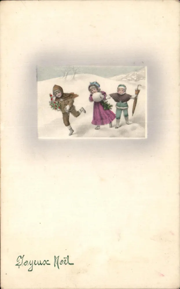 Kinder spielen im Schnee — Frohe Weihnachten — antike Ansichtskarte - Vorderseite