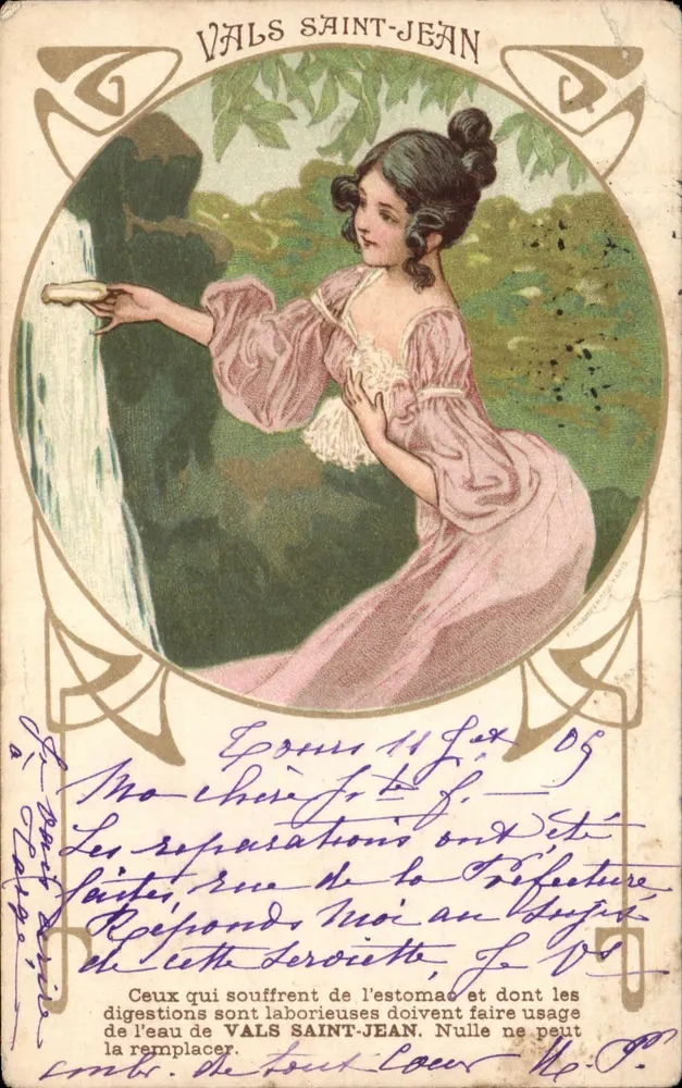 Frau am Wasserfall — Werbung für Vals Saint-Jean — Verlag F. Chambonnet, Nr. 411 - Vorderseite