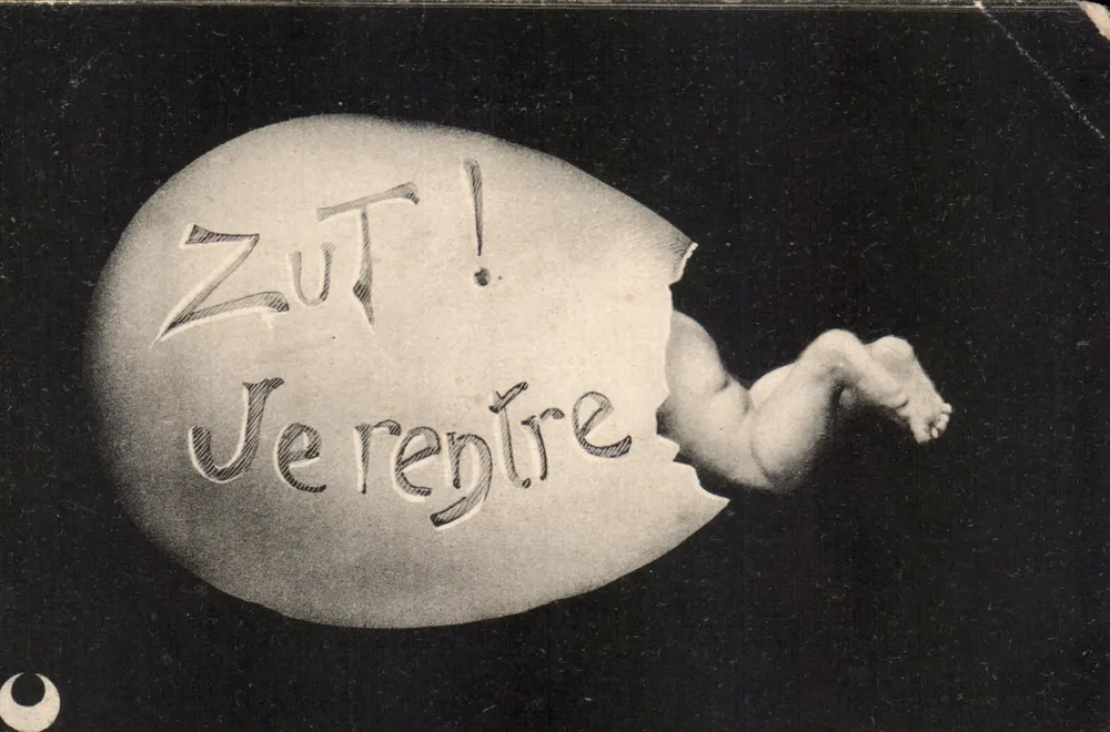 Neugeborener, der aus einem Ei kommt — Zut ! Ich komme zurück — Verlag Le Tour du Monde dans un Œuf, n° II - Vorderseite