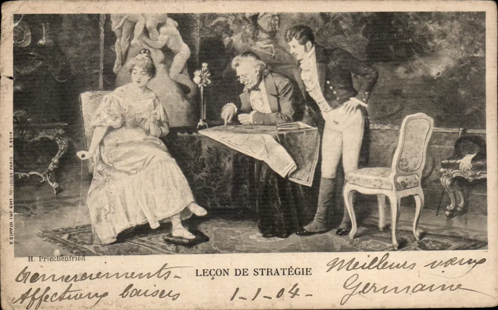 Leçon de Stratégie — scène de salon avec trois personnages — H. Priechenfried, Éditeur IMPRIMÉ SUR LA CARTE, n° 53814 - Awers