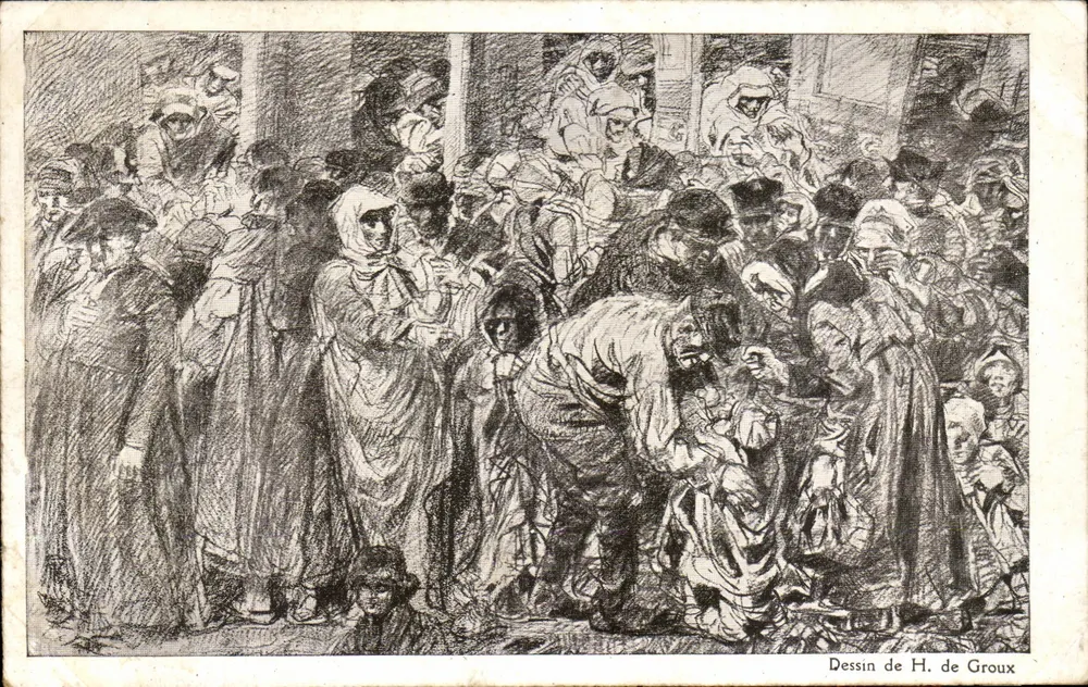 Cena de multidão — Desenho de H. de Groux — Edição da Jornada Francesa do Socorro Nacional - Frente