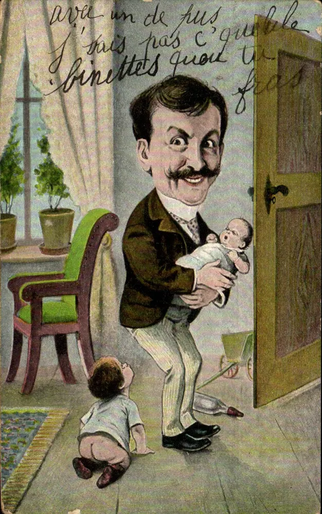 Vater mit zwei Kindern — humoristische Karikatur — Verleger nicht sichtbar - Vorderseite