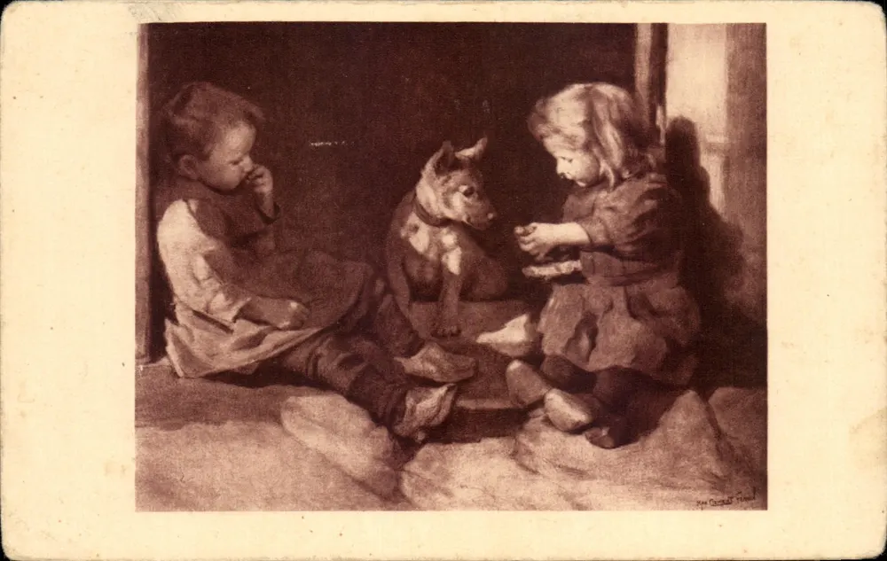Deux enfants et un chien — scène intérieure — gravure de Jean Chocquet-Frond - Vorderseite
