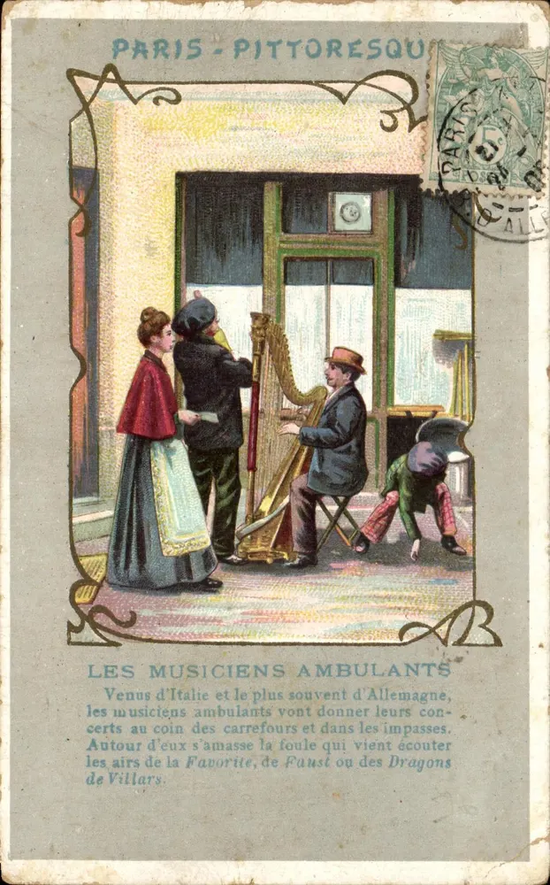 Paris - Pittoresque — Wandernde Musiker, die vor einer Tür eine Harfe spielen — Herausgeber nicht sichtbar, Seriennummer nicht lesbar - Vorderseite